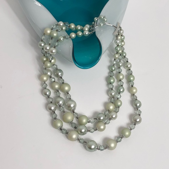 Jewelry - Three Strand Mint Colored Beaded Necklace Japan